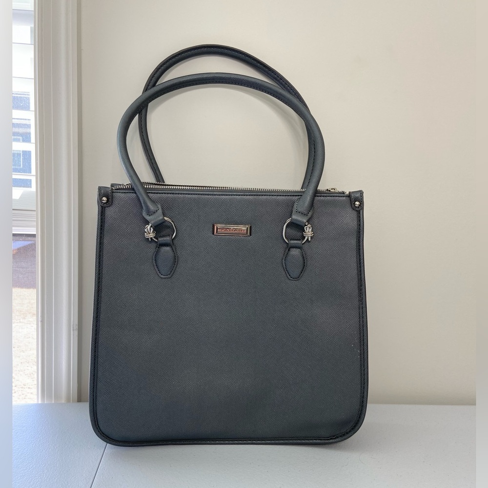 Tahari blue‎ gray silver hardware metallic deep pocket shoulder tote purse bag